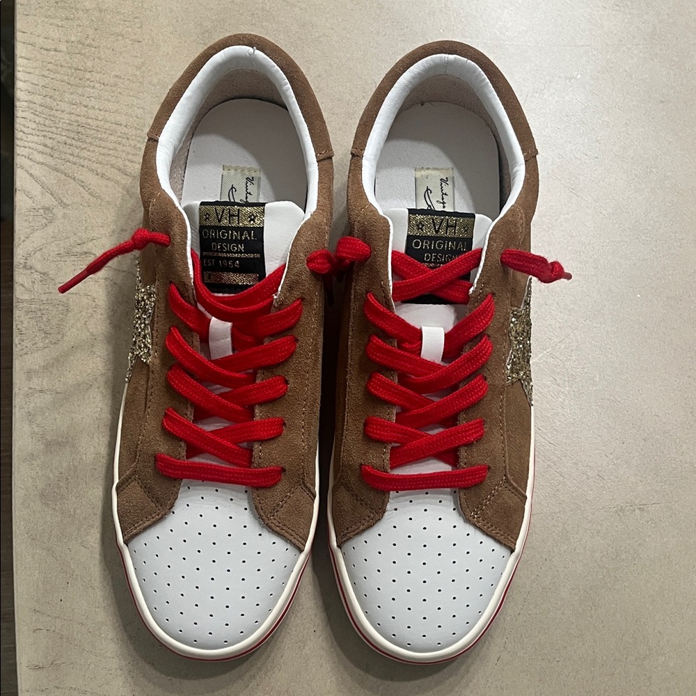 Havana Brown and White Athletic Shoes with Red Laces. Vintage Havana brand